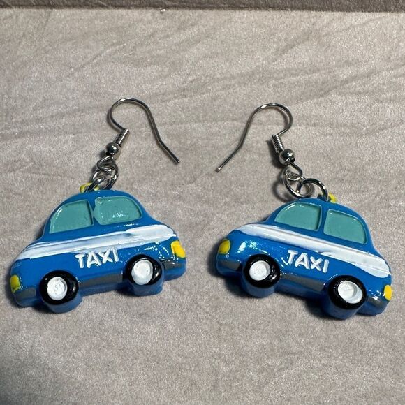 Whimsical Blue Taxi Car Earrings – Fun & Playful Statement Jewelry - Picture 7 of 17